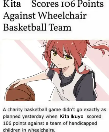 Kita scores 106 points against wheelchair basketball team.

~A picture of Kita-san bouncing the basketball~

A charity basketball game didn't go exactly as planned yesterday when Kita Ikuyo scored 106 points against a team of handicapped children in wheelchairs