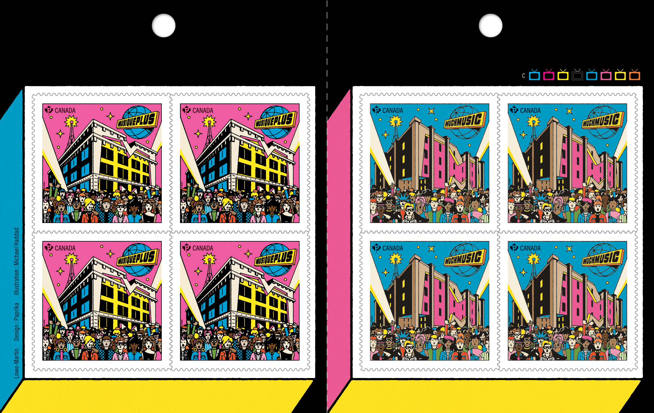 The lively, colourful stamp illustrations depict the iconic buildings that housed MuchMusic in Toronto and MusiquePlus in Montréal are drawn from the perspective of the cheering crowd that would regularly gather outside the stations. Printed by Lowe-Martin, the stamp issue includes a booklet of 8 Permanent™ domestic rate stamps, and two Official First Day Covers.