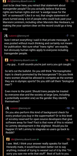 A screenshot of a convo between @db0@lemmy.dbzer0.com and @nutomic@lemmy.ml discussing nutomic's past transphobia, and nutomic blatantly dismisses it without addressing how and why what he did/said was wrong.