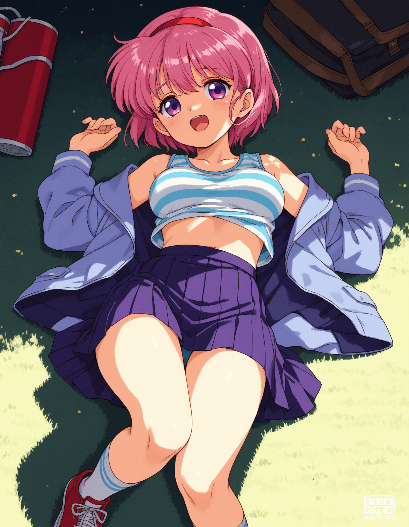 A girl with short, pink hair and purple eyes lying on her back on a grassy field. She is wearing a blue striped crop top and a pleated, dark purple skirt. Her outfit is complemented by a blue jacket that's unzipped and red shoes. The background includes a brown and black bag and a red canister.