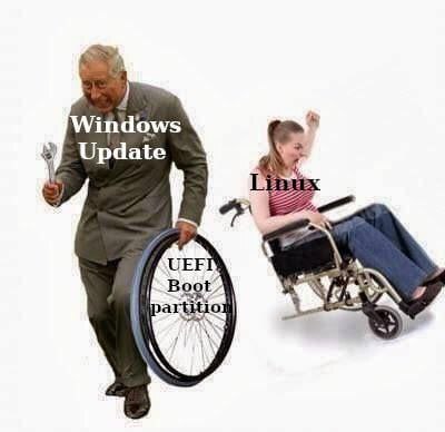A meme image showing an elderly man labeled "Windows Update" removing a wheelchair wheel labeled "UEFI Boot Partition" from a young woman labeled "Linux" who is sitting in the wheelchair. The woman is falling backward and appears surprised or distressed. The image humorously depicts how a Windows update can sometimes interfere with Linux systems by modifying or removing the UEFI boot partition, making it difficult or impossible to boot into Linux.