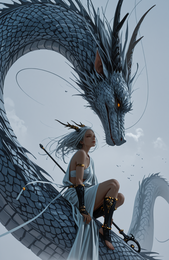 A woman with long silver-white hair and golden horns seated on the scaled body of a massive blue-gray dragon, gazing vacantly up at an overcast sky. She wears a white dress, gold arm bands, and black leather stirrup boots with gold embellishments, holding a staff. The dragon's serpentine body coils into the background, its elongated head with amber eyes and sharp spines extending down from the top of the frame. Small birds fly in the distant background beneath gray clouds. 