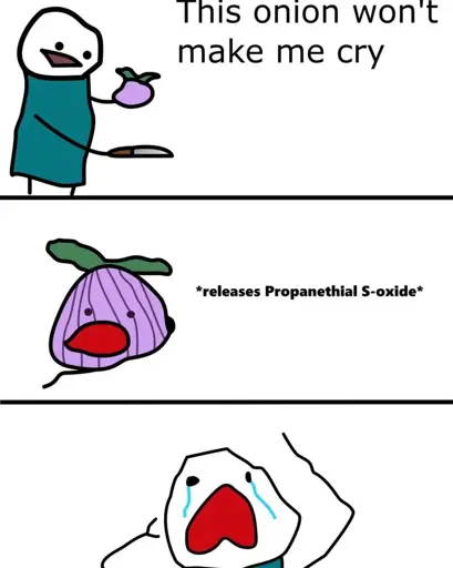 a drawing of a guy with a knife and an onion saying "This onion won't make me cry"
on the next image, the onion looks like :o and says *releases Propanethial S-oxide*
on the last image, the guy cries in despair