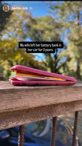 A pink battery bank bulging open from a lithium ion battery cell that became puffy