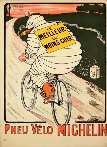 Advert for Michelin bicycle tyres, featuring the mascot Bibendum riding a bike down a country road, while smoking a cigar