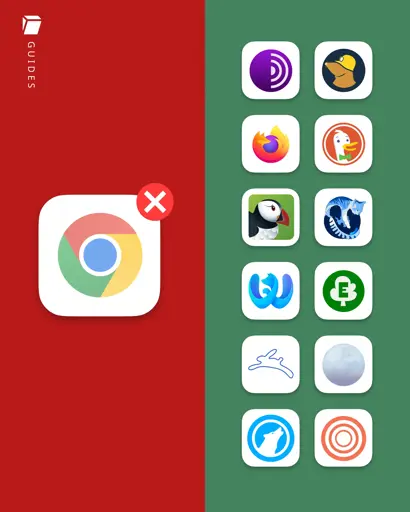 App icon of Google Chrome with a red cross, next to rows of different alternative browsers to Google Chrome.