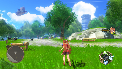 A third-person RPG scene set in a lush grassy field under a bright blue sky with scattered clouds. A female character with long brown pigtails, red shorts, and a short-sleeved outfit is running forward with a staff strapped to her back. On the left, giant insect-like enemies are visible near a dirt path. In the distance, a tall stone tower rises above the trees, while a large airship floats in the sky. The game HUD shows a mini-map with red enemy markers in the bottom-left, while the bottom-right displays ability icons mapped to controller buttons. The character’s portrait, HP, EP, and CP gauges appear at the top-right of the screen.