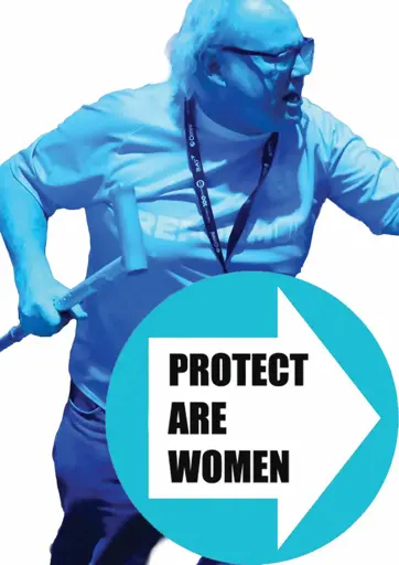 Reform guy with protect are women sign.