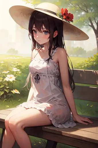 An AI-genned illustration of a girl in a sundress and sun hat sitting on a bench