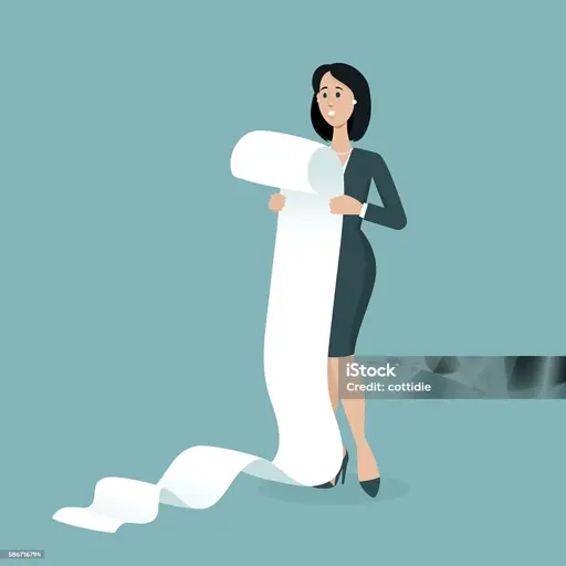 A woman in formal business attire holding a massive list. Her face is worried.