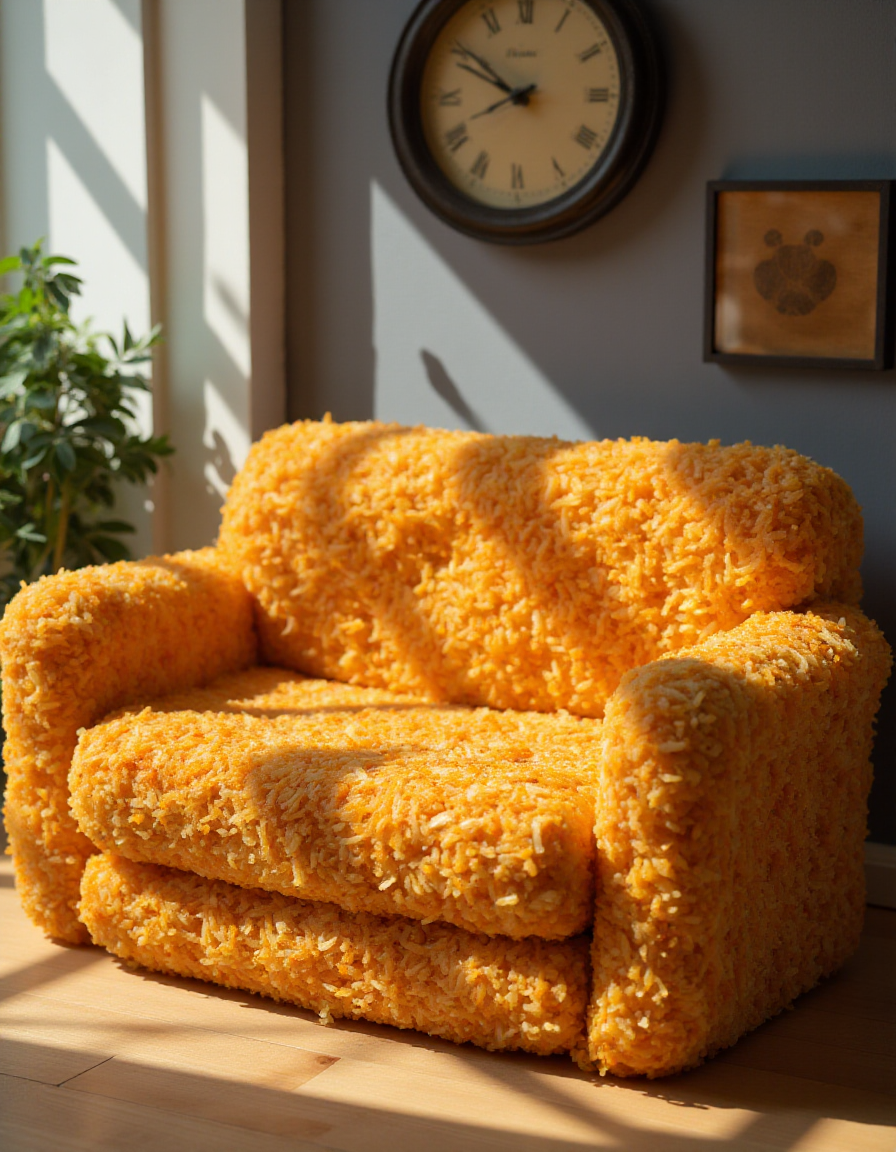 A single-seater sofa made of shredded hash browns with a textured yellow surface. The sofa is on a wooden floor in a room lit by natural sunlight coming through a window, casting shadows on the wall and floor. A round wall clock hangs above the sofa, a green plant on the left, and there’s an indistinct, framed artwork on the wall to the right. 