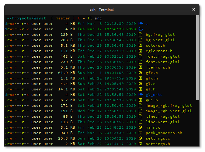 wayst terminal showing output of ls command