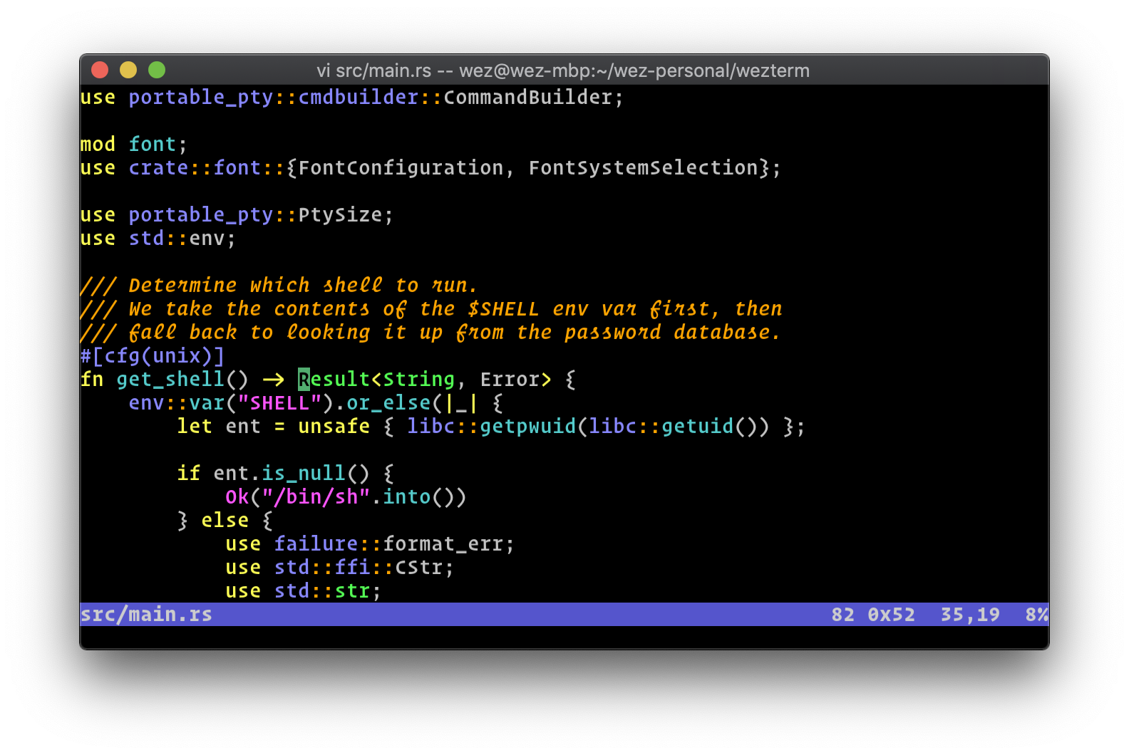 Screenshot of wezterm on macOS, running vim