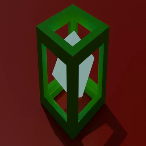 3D render: a blue rotated cube inside a green hollow cube with sides faces removed on a dark red floor.
