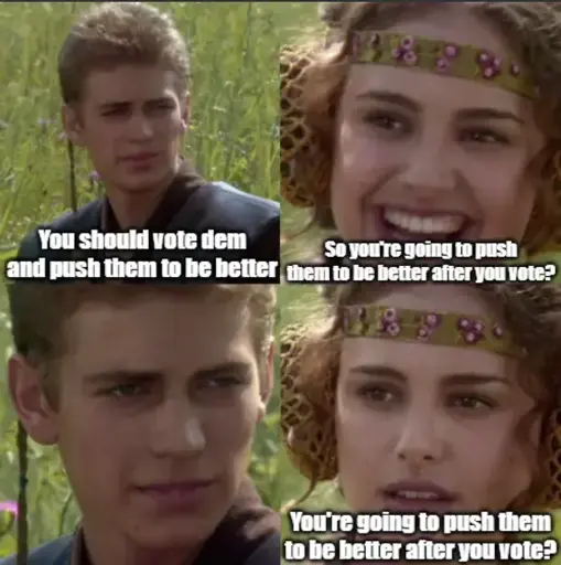 The "For the better", also known as the Anakin and Padme 4-Panel and Clueless Padme meme. The first panel shows a guy saying "You should vote dem and push them to be better." The second panel shows another person saying "So you're going to push them to be better after you vote?". The third panel shows the first person saying nothing and staring. The last one shows the second person with a concerned look on her face saying "you're going to push them to be better after you vote?".