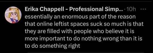 essentially an enormous part of the reason that online leftist spaces suck so much is that they are filled with people who believe it is more important to do nothing wrong than it is to do something right