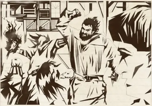 A black-white drawing of people brawling in a tavern