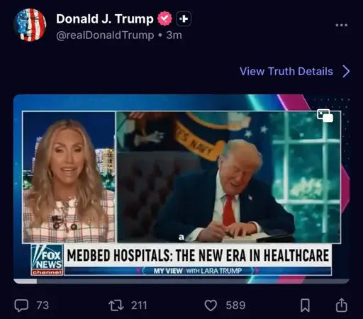 A Truth Social post from Donald Trump. It is an AI generated video of a Fox News segment. On the left is a woman commentating, and on the right is him signing a bill into law. The headline is “Medbed Hospitals: The New Era in Healthcare”