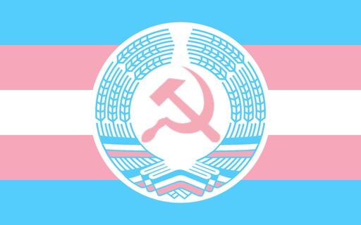 Trans pride flag featuring a socialist-style emblem in the middle consisting of a ring of blue wheat stalks, trans pride tricolors, and a prominent pink hammer & sickle in the middle 
