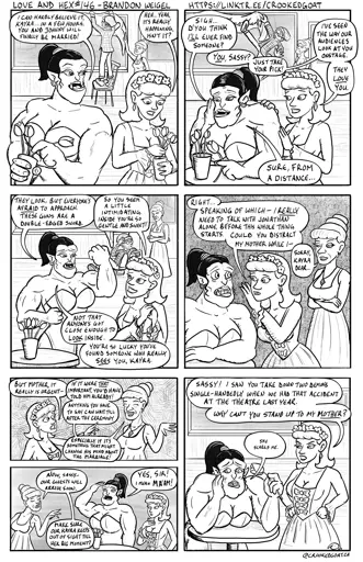 Page 146 from the comic Love and Hex. Full transcript at https://crookedgoat.ca/comic/146/#comic-page. Changeling-Kayra chats with her bridesmaid, Sassy, a muscular orc woman looking for love.