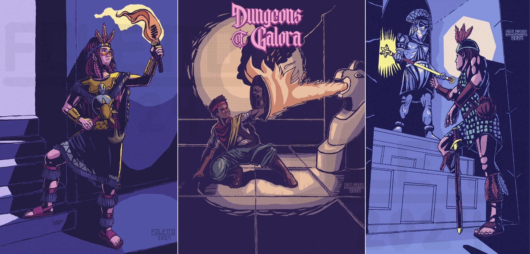 three images under the logo of DUNGEONS OF GALORA
the first image shows an adventurer walking down stairs, holding a torch on one hand and a scepter in the other.
The second shows an adventurer crouching and raising his shield to avoid a flamethrower trap on the wall.
the last image shows an adventurer walking up a dais while dropping his sword, reaching a magical scepter with his other hand.
