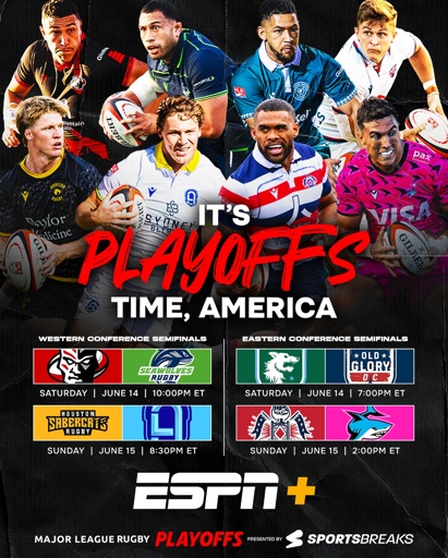 A poster published by US Major League Rugby announcing that "It's playoffs time, America." The top of the poster has two rows of 4 adult male rugby players, 1 from each team that is going to the playoffs. I don't know all their names, sorry. From left to right and top to bottom the players are from the Utah Warriors, Seattle Seawolves, Chicago Hounds, Old Glory DC, Houston SaberCats, RFCLA, New England Free Jacks, and Miami Sharks.  In the bottom half of the poster are 4 pairs of team logos, indicating the matchups. I have put the details of those matches in the post.