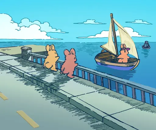 Two bunnies together stand on the street by the waterfront, looking out at a larger bunny who is sailing in a small wooden sailboat. It is a pleasant summer day