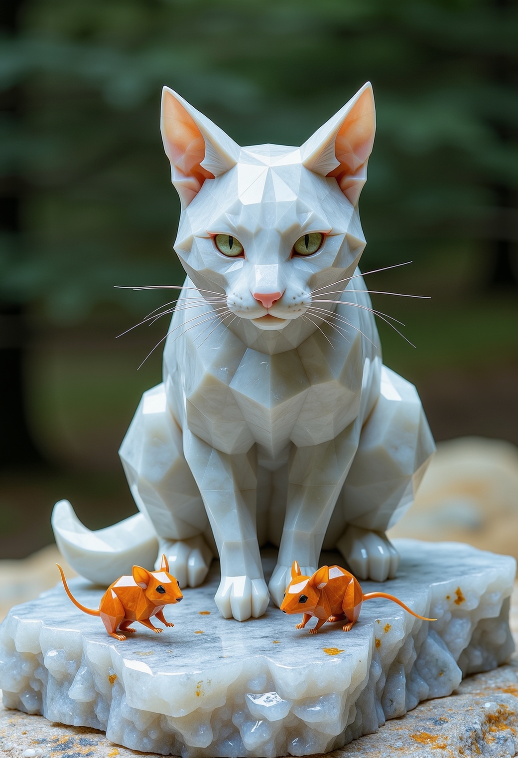 A geometric sculpture of a cat made from a crystalline material, sitting on a similarly textured base. The cat is accompanied by two smaller sculptures of orange mice. The setting appears to be outdoors, with a blurred forest background.