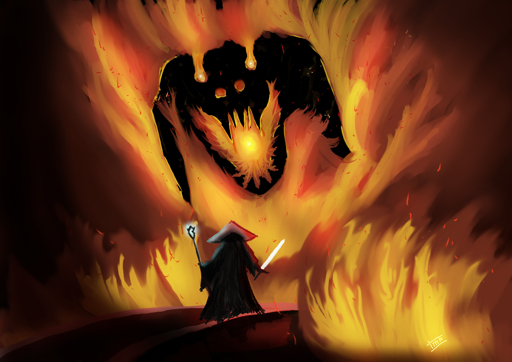 A firey scene with a huge black monstrous visage breaking from the flames towards a robed figure with a gleaming sword and a glowing mages staff.