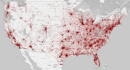 pic shows a map of the USA with roads overlaid with red dots for each roadway death