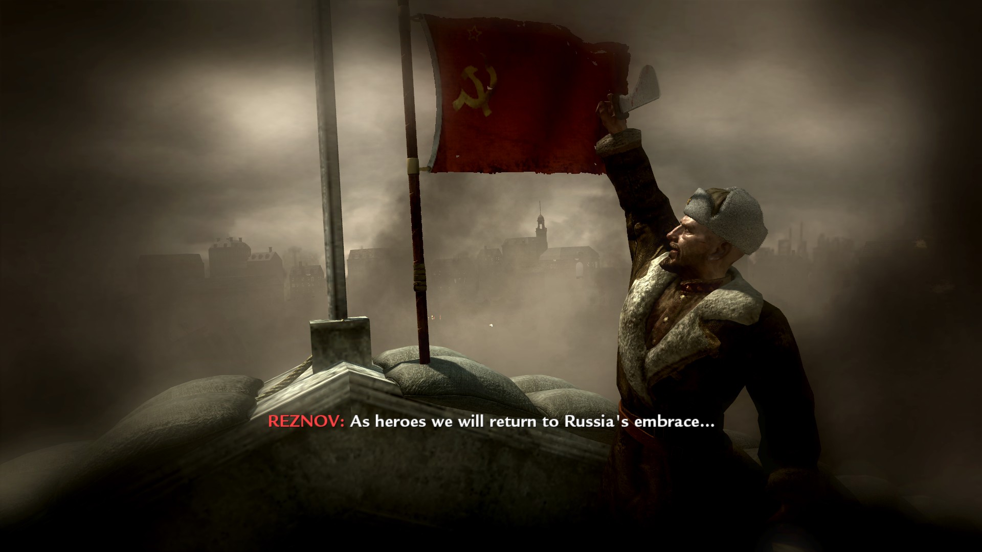 screenshot from cod waw where reznov salutes at the ussr flag after it's being flown at the reichstag