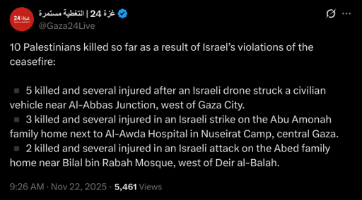 10 Palestinians killed so far as a result of Israel’s violations of the ceasefire:

▪️ 5 killed and several injured after an Israeli drone struck a civilian vehicle near Al-Abbas Junction, west of Gaza City.
▪️ 3 killed and several injured in an Israeli strike on the Abu Amonah family home next to Al-Awda Hospital in Nuseirat Camp, central Gaza.
▪️ 2 killed and several injured in an Israeli attack on the Abed family home near Bilal bin Rabah Mosque, west of Deir al-Balah.
