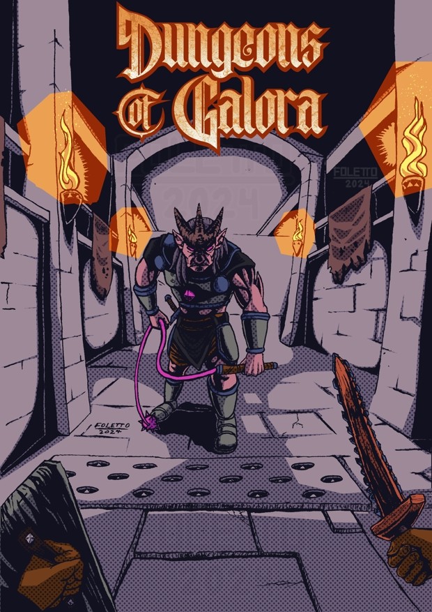Illustration representing the POV of a warrior wielding a serrated sword and a shield. The character is walking in a stone corridor and in front of him there is a humanoid monster with three horns and wielding a whip, ready to fight.
Between them there is a slate on the flagstone filled with holes, hinting there is a trap that may be activated depending on each flagstone they step on.