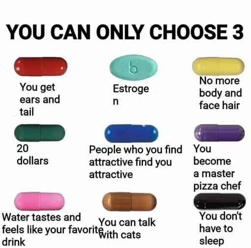 Title: You can only choose 3. Nine coloured pills are shown with text describing their effect underneath. From left to right, top to bottom, the colour of the pill and text: Red "You get ears and a tail," Estrogen pill "Estrogen," Yellow "No more body and face hair," Green "20 dollars," Blue "People who you find attractive find you attractive," Pink "You become a master pizza chef," Pink "Water tastes and feels like your favorite drink," Brown "You can talk with cats," Black "You don't have to sleep"